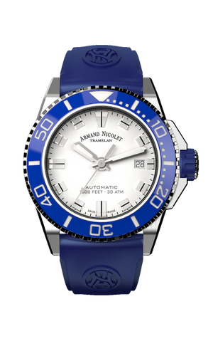 mechanical automatic silvered watch with blue rubber strap