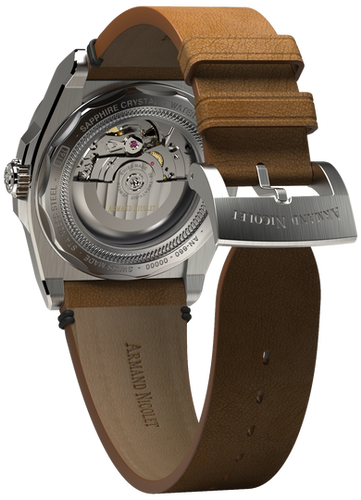 mechanical automatic blue watch with camel tone vintage calf strap