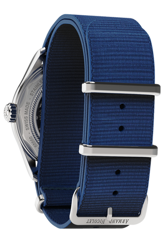 mechanical automatic blue & orange watch with blue NATO strap