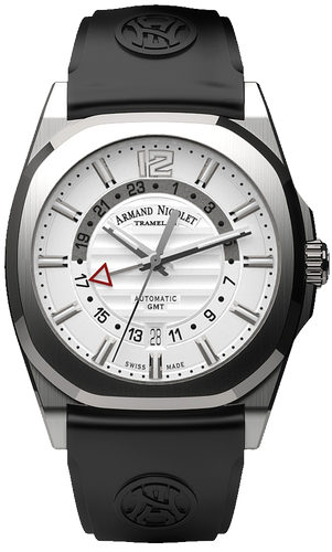mechanical automatic silvered watch with black rubber strap