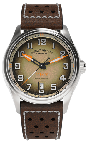 mechanical automatic beige & orange watch with brown leather strap