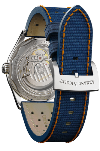 mechanical automatic blue & orange watch with blue canvas strap