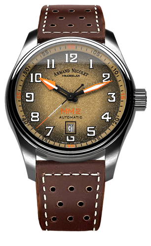 mechanical automatic beige & orange watch with brown leather strap
