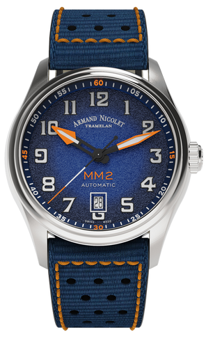mechanical automatic blue & orange watch with blue canvas strap