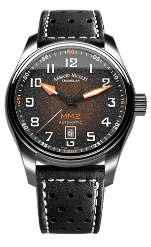 mechanical automatic black & orange watch with black leather strap