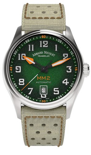 mechanical automatic green & orange watch with khaki canvas strap