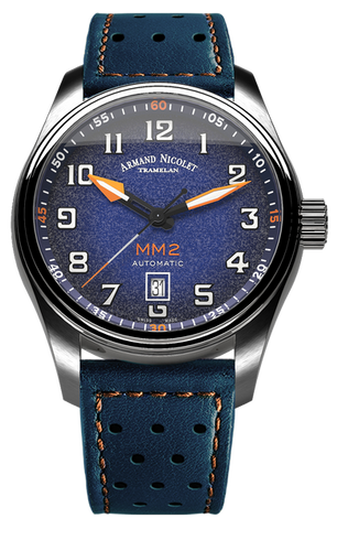 mechanical automatic blue & orange watch with blue leather strap