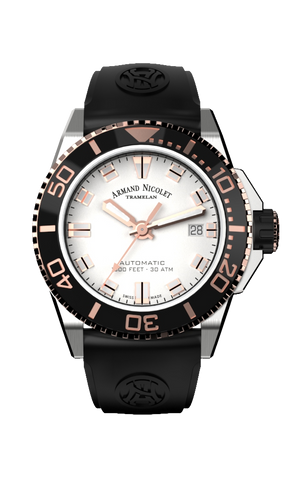 mechanical automatic silvered and rose gold watch with black rubber strap