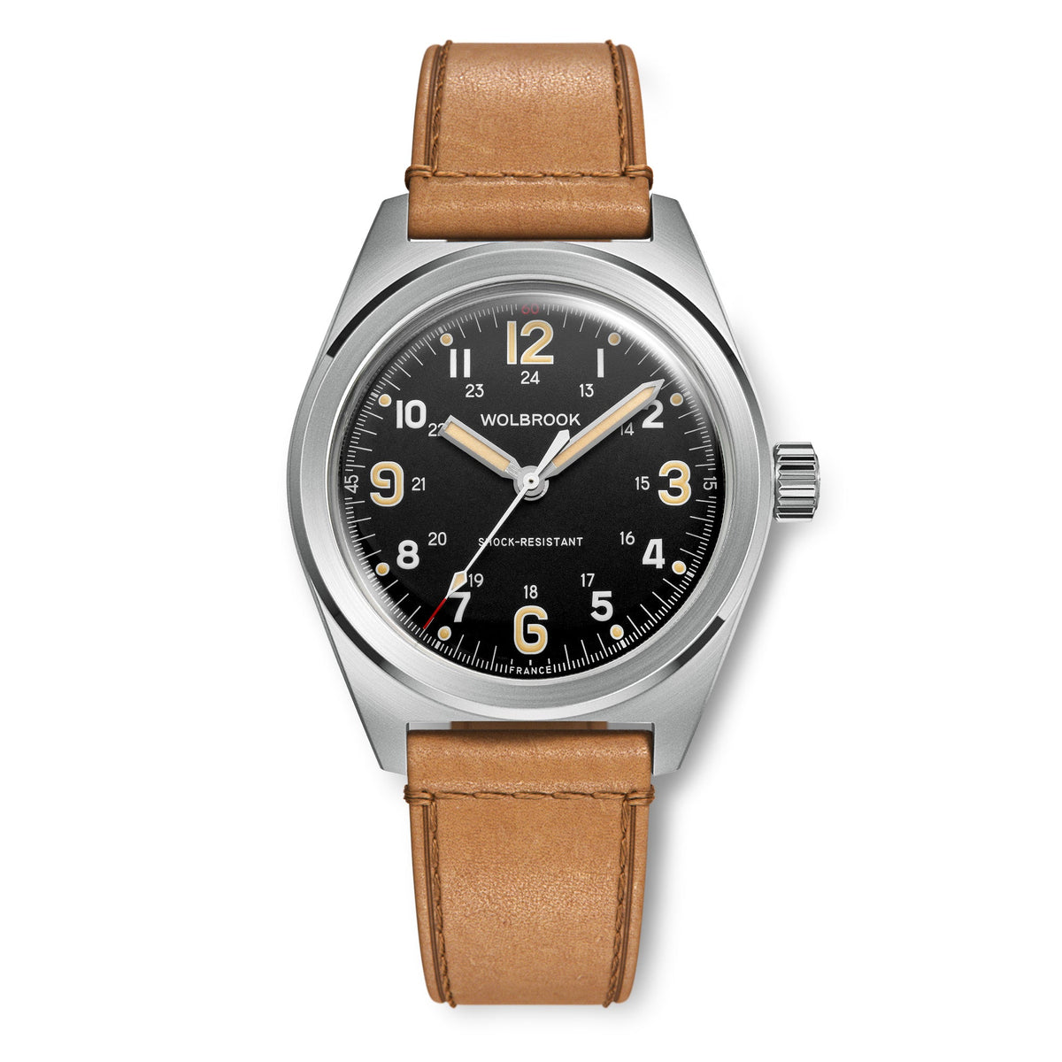 Outrider Automatic Watch – Black Vintage, No Date - Camel Leather Strap