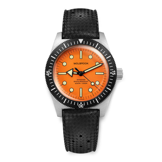 Skindiver Automatic Dive Watch - 38 mm - Orange - Black "Tropic" Rubber Strap