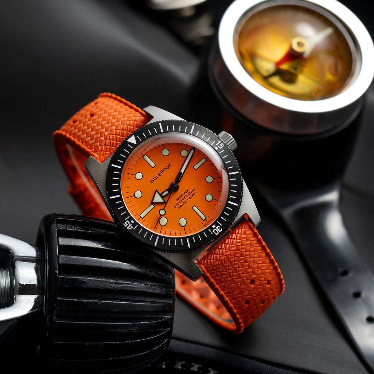 Skindiver Automatic Dive Watch - 38 mm - Orange - Black "Tropic" Rubber Strap
