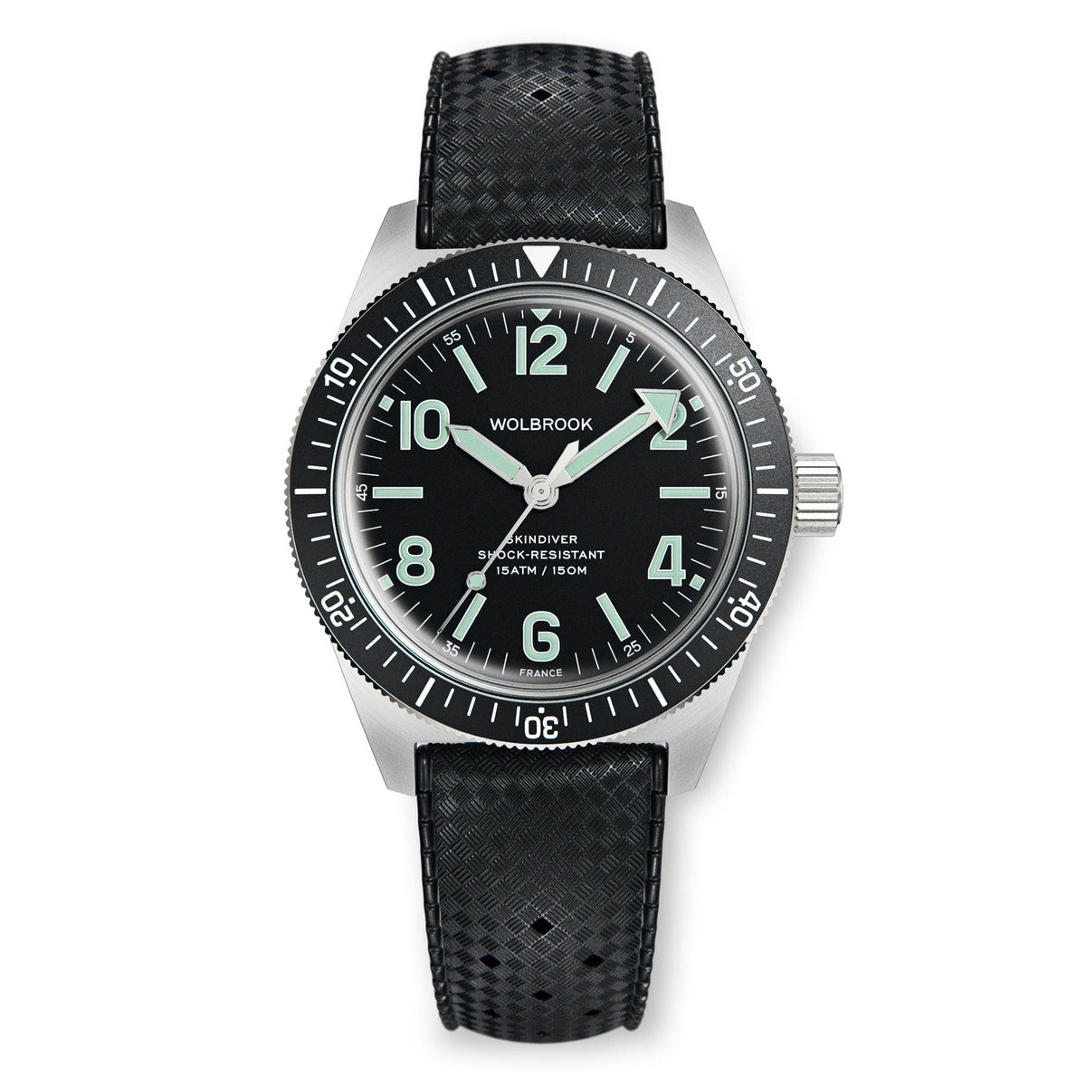 Skindiver Automatic Watch - Green Lum & Black Dial - Black "Tropic" Rubber Strap