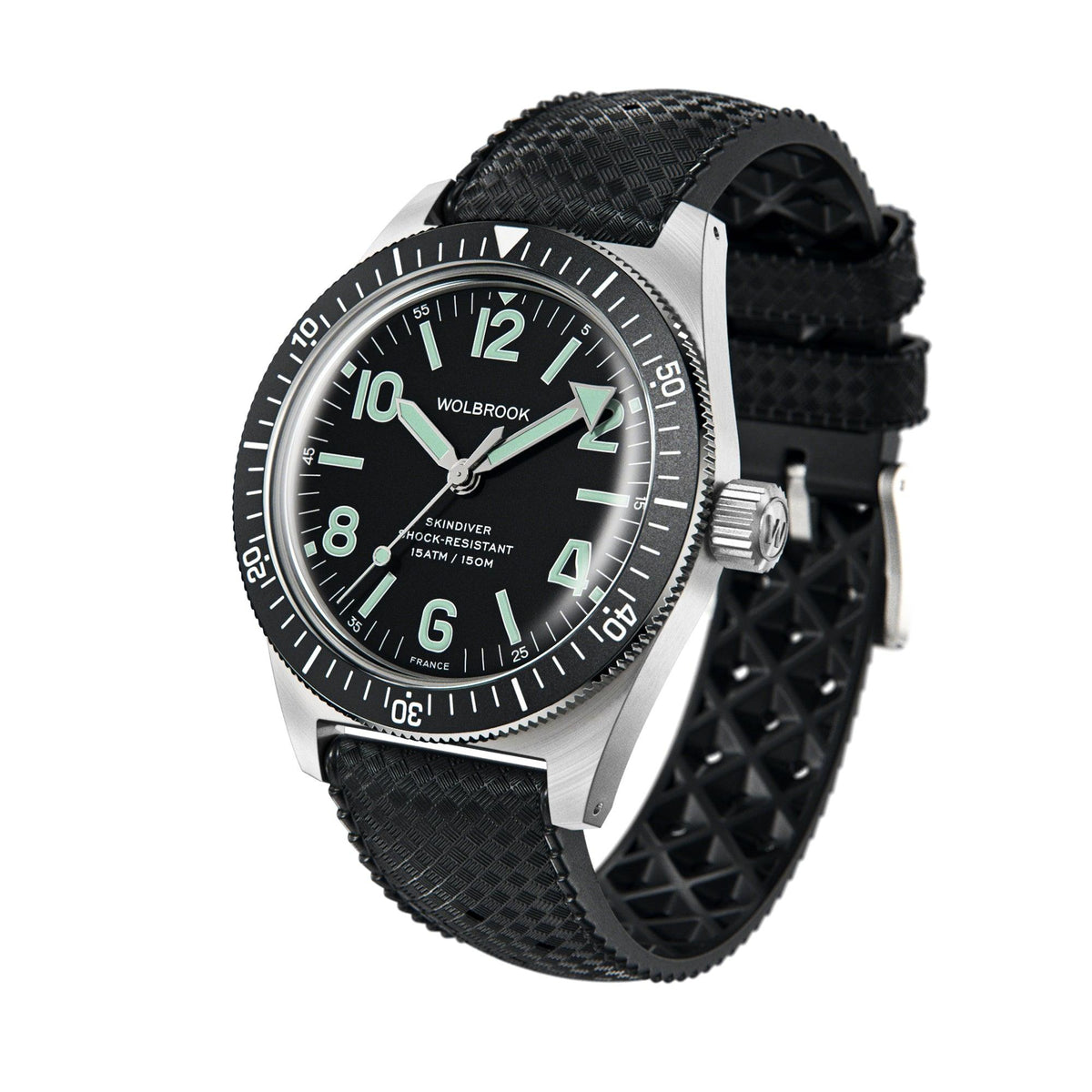 Skindiver Automatic Watch - Green Lum & Black Dial - Black "Tropic" Rubber Strap