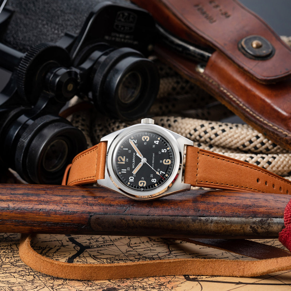 Outrider Automatic Watch – Black Vintage, No Date - Camel Leather Strap